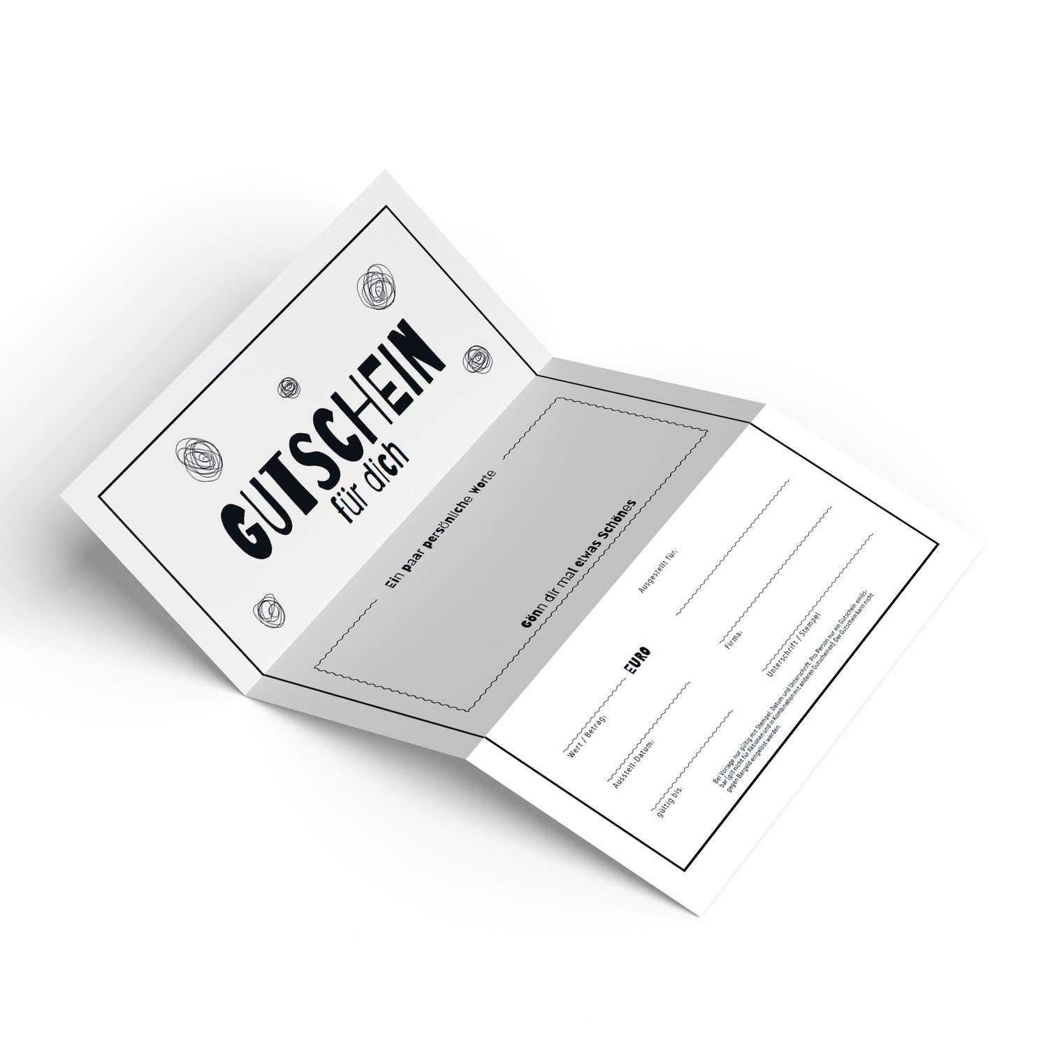 Editierbare Blanko Gutschein-Vorlage im verspielten schwarz-weiß-Design. Gutschein Download zum Selberdrucken. Für Privat und Gewerbe geeignet.