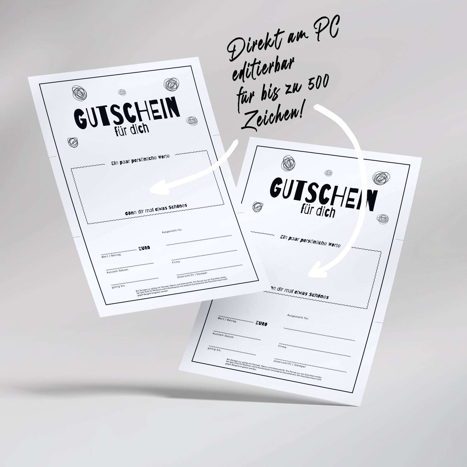 Editierbare Blanko Gutschein-Vorlage im verspielten schwarz-weiß-Design. Gutschein Download zum Selberdrucken. Für Privat und Gewerbe geeignet.